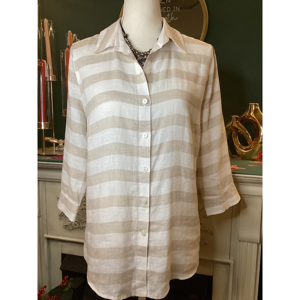 Chico's Linen Button Down Shirt Womens 1 Petite Beige White‎ Striped Excellent